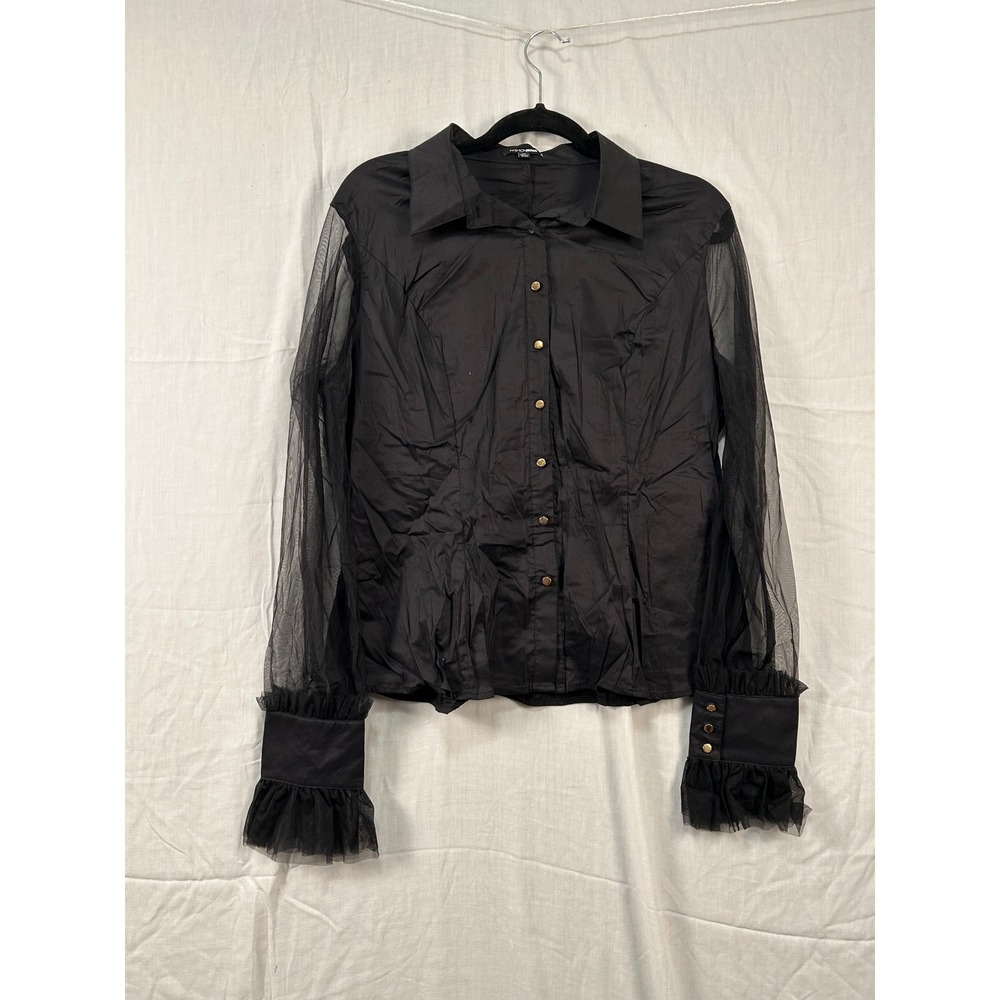 Fashion Nova Womens 1XL Black Mesh Long Sleeve Ruffle Button Down Blouse  #2298